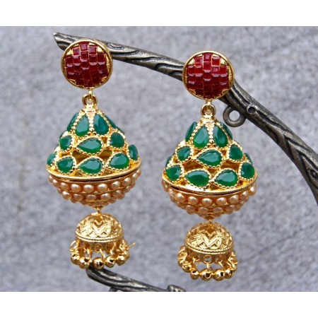 Cone Shaped Ruby Emerald Jhumkas